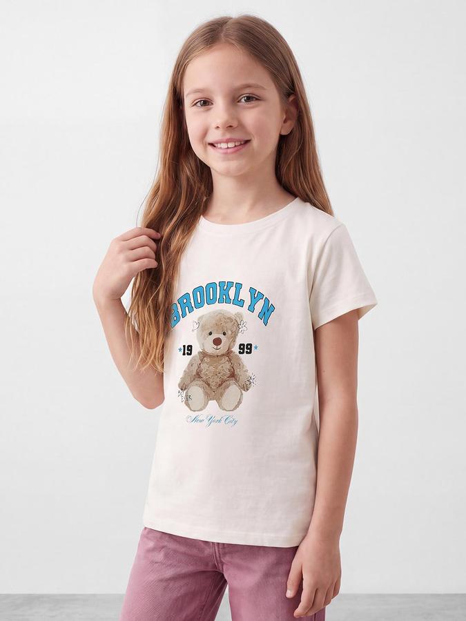 R&B Girls Egret Cream Graphic Print Short Sleeves Round Neck Pure Cotton T-Shirt