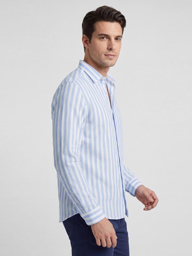R&B Blue Striped Men Spread Collar Long Sleeves Shirt