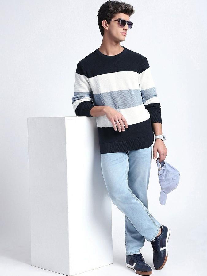 R&B Men Navy Blue Round Neck Colourblocked Long Sleeves Sweater