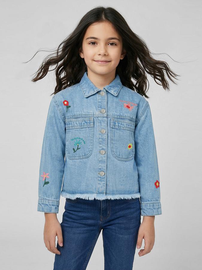 R&B Blue Solid Girls Long Sleeves Spread Collar Jacket