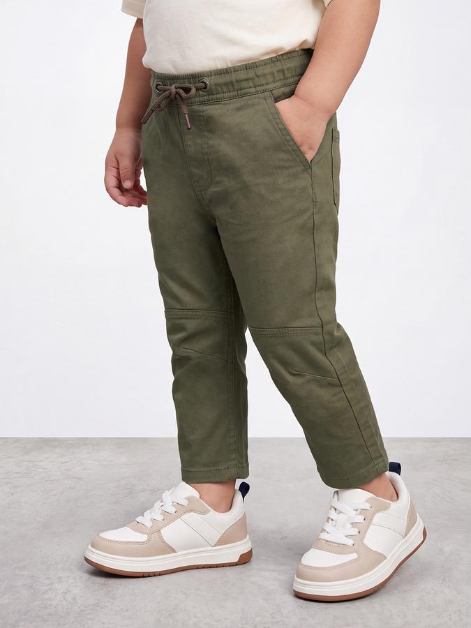 R&B Boys Olive Solid Regular Fit Mid Rise Trousers