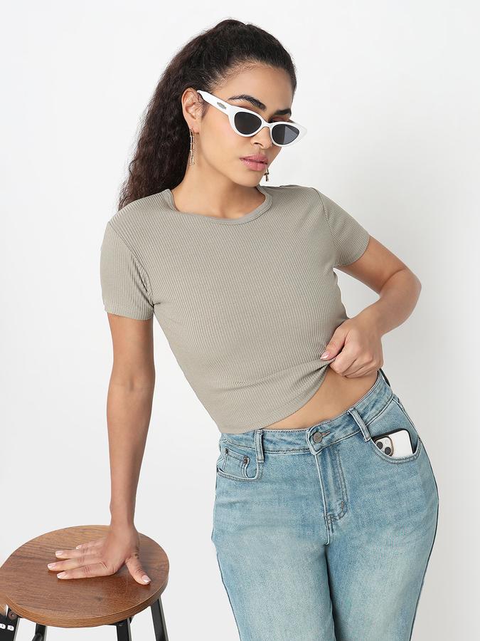 R&B Women Green Solid Ribbed T-Shirt