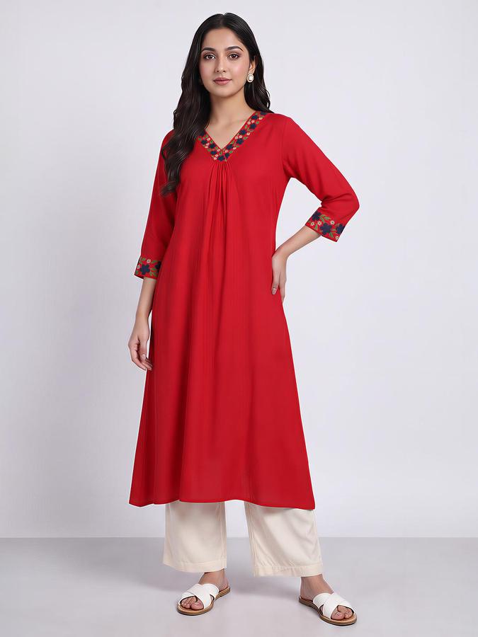 R&B Women Red Floral Embroidered V-Neck Three-Quarter Sleeve A-Line Kurta