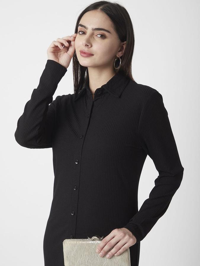 R&B Women Black Solid Long Sleeves Shirt Collar Midi Shirt Dress