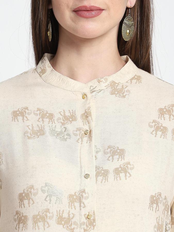 R&B Women Cream Etnic Motifs Print Mandarin Collar Knee Length Pure Viscose Ethnic Kurta