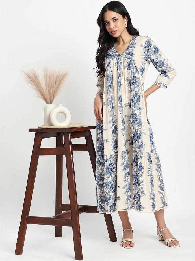 R&B Women Off White Floral Three-Quarter Sleeves V-Neck Midi A-Line Ethnic Dress