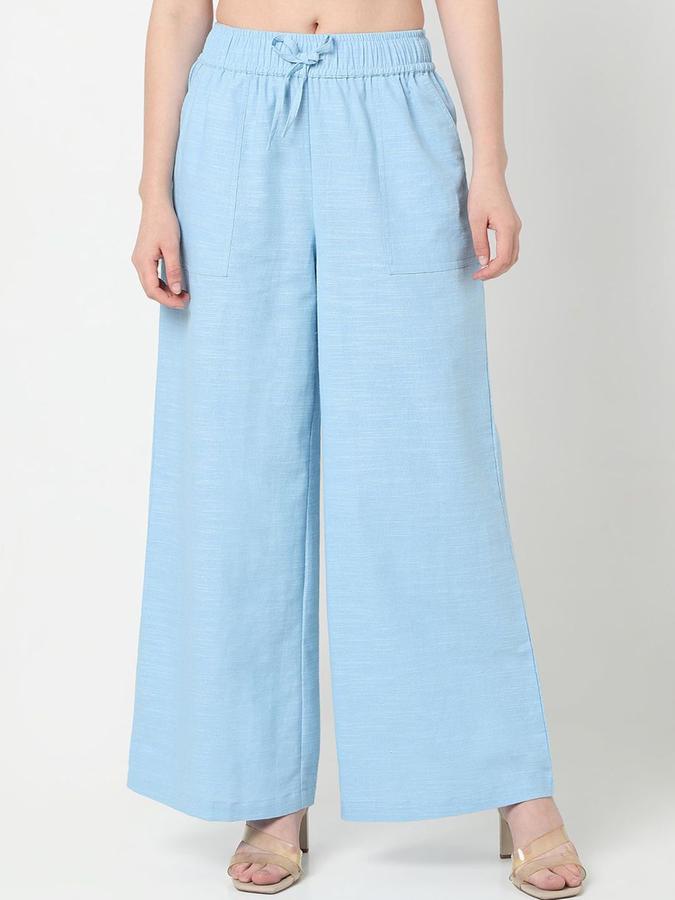 R&B Women Powder Blue Solid Regular Fit Trousers