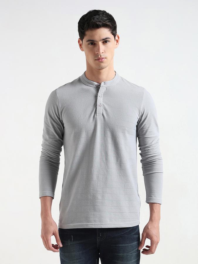 Men Cotton Blend Regular Fit Henley Textured T-shirt