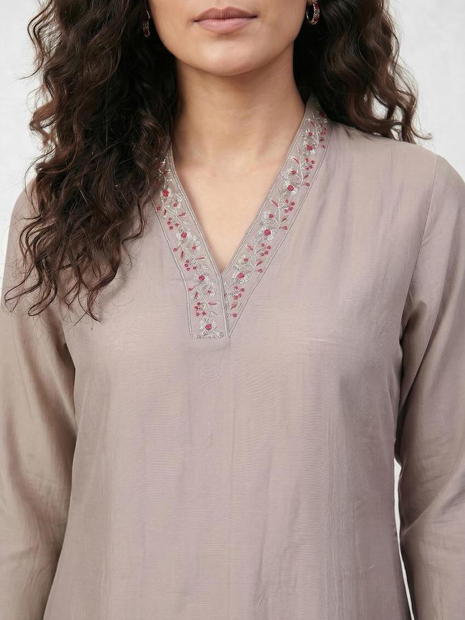 R&B Women Beige Embroidered V-Neck Three-Quarter Sleeves Calf Length Straight Kurta 