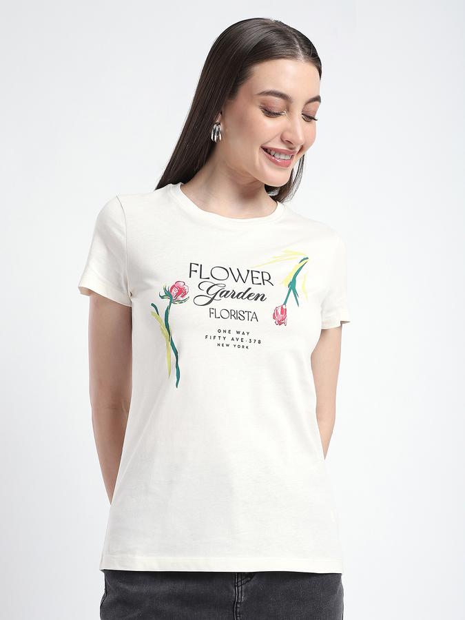 R&B Women Off White Floral Graphic Print Typography T-Shirt