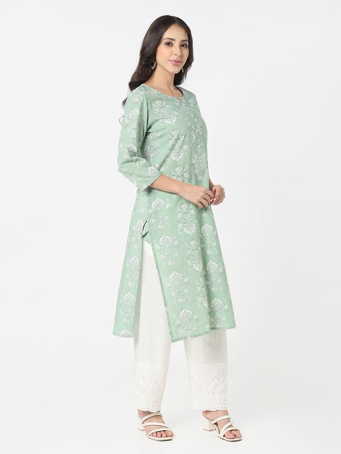 Women's regular fit casual floral block printed round neck sage straight kurta with couching  image number 3
