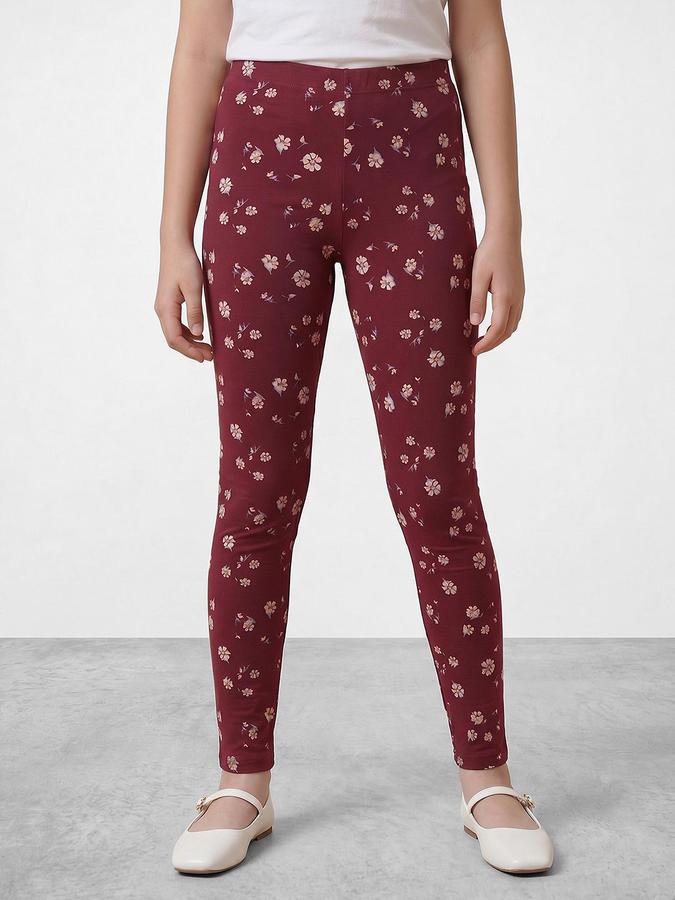 R&B Girl's Maroon Floral Printed Cotton Leggings