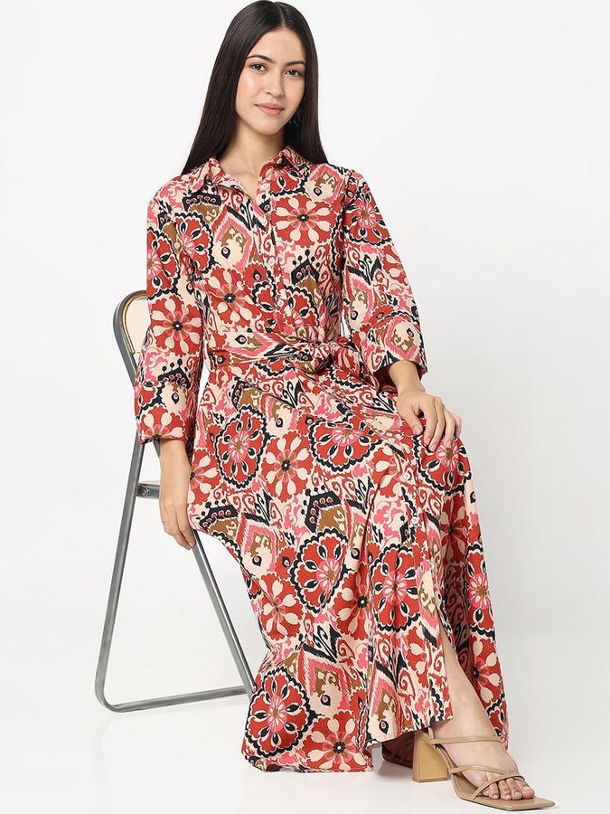 R&B Women Red Paisley Long Sleeves Shirt Collar Maxi Shirt Dress