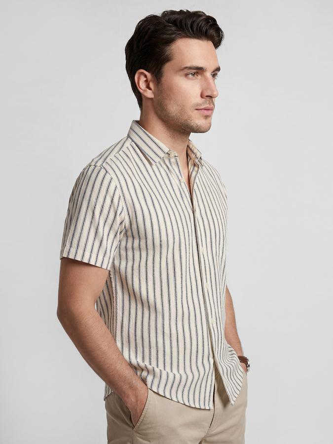 R&B Off White Striped Men Spread Collar Short Sleeves Shirt