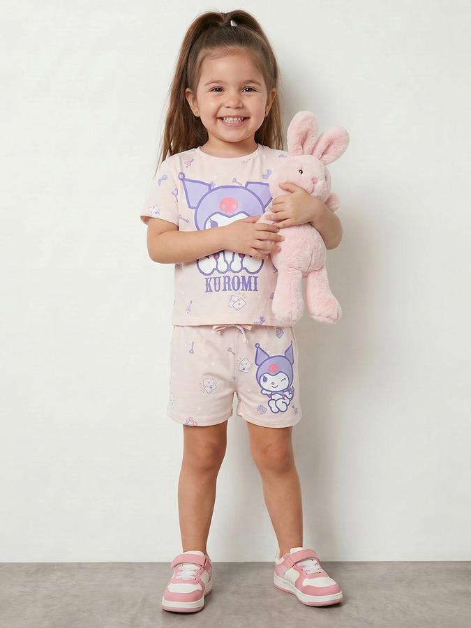 R&B Pink Girls Printed Short Sleeves Clothing Set