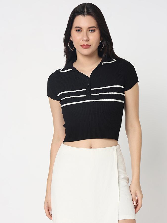 Women Viscose Slim Fit Polo Neck Striped Top