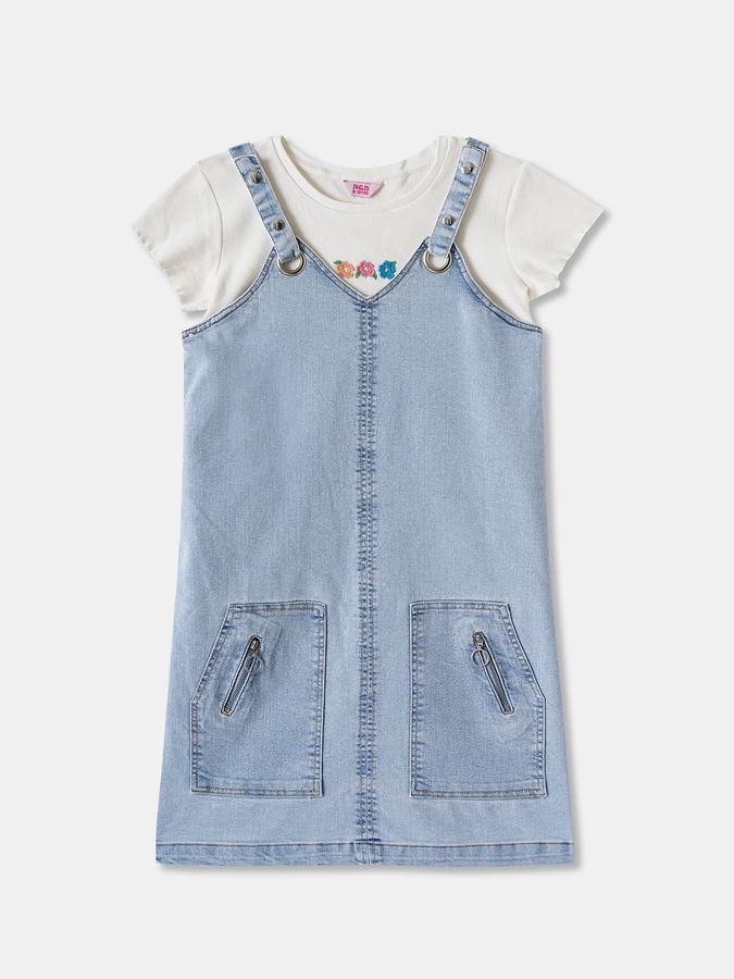 Girls Solid Short Sleeve Embroidered Top with Dungarees Set
