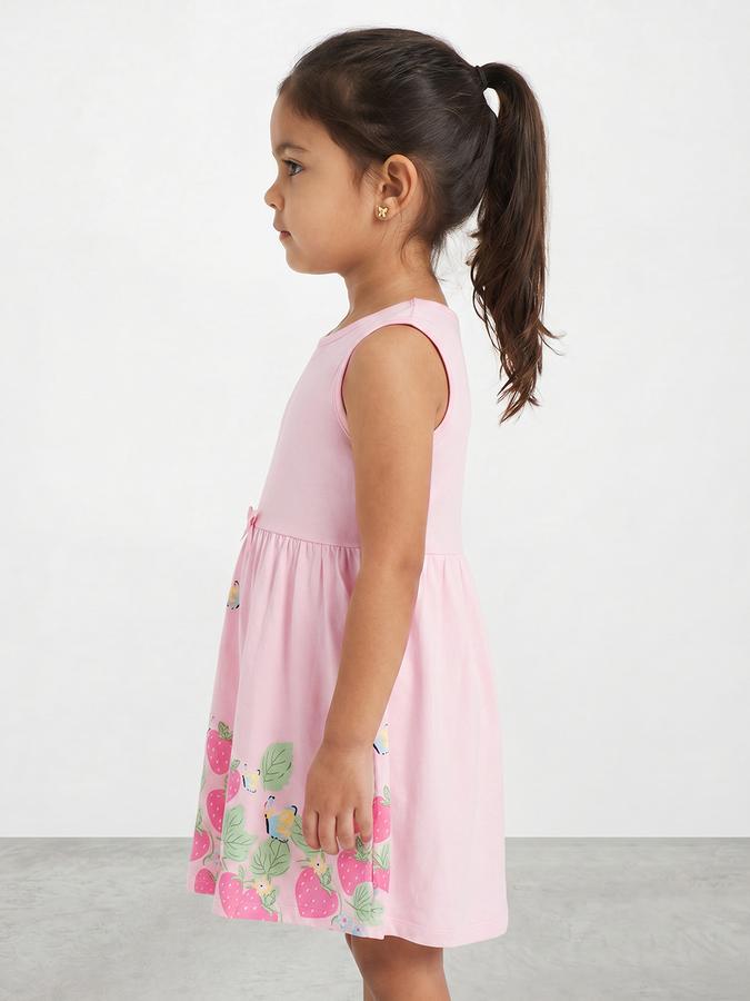 R&B Girl Pink Strawberry Print Pure Cotton Sleeveless Fit and Flare Dress