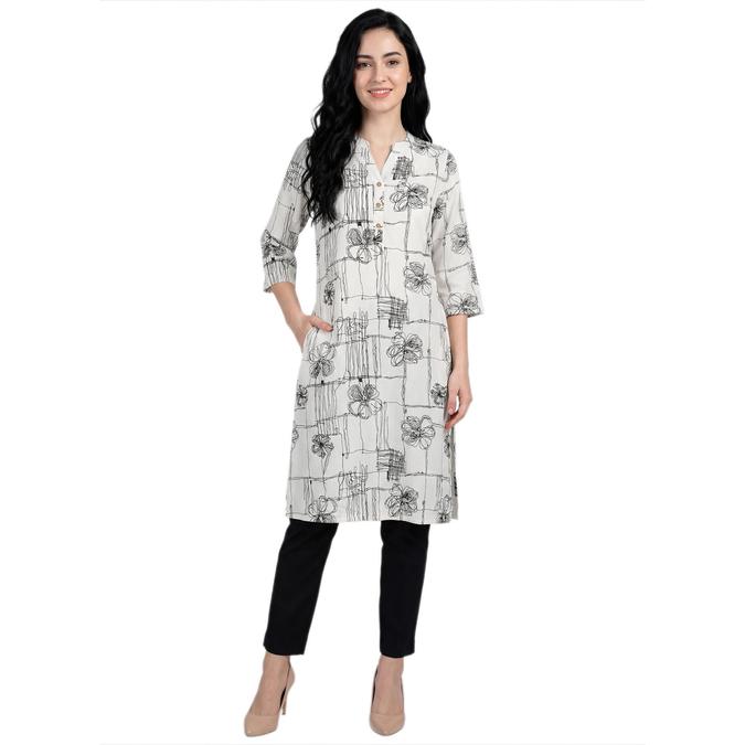 R&B Off White Women Mandarin Collar Three-Quarter Sleeves Kurta 