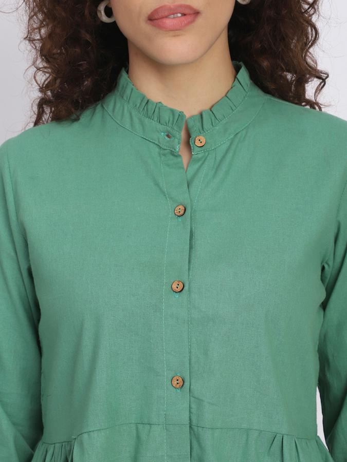 Women Cotton Relaxed Fit Ruffled Collar Solid Ethnic Top