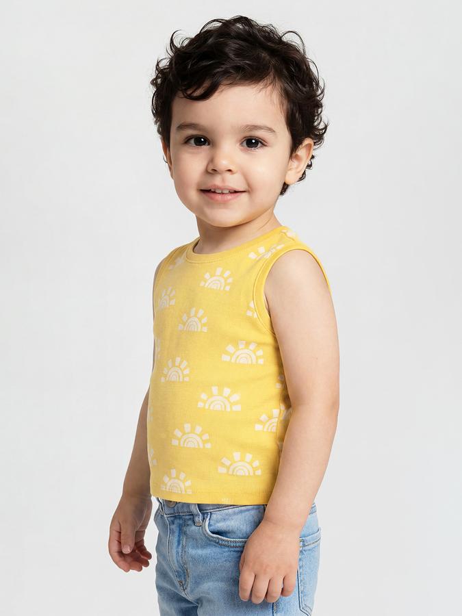 R&B Yellow Graphic Print Boys Round Neck Regular Fit Sleeveless T-Shirt 