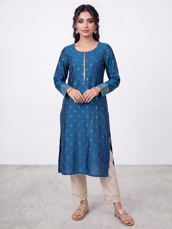 R&B Women Blue Ethnic Motifs Print  Round Neck Long Sleeves Straight Kurta