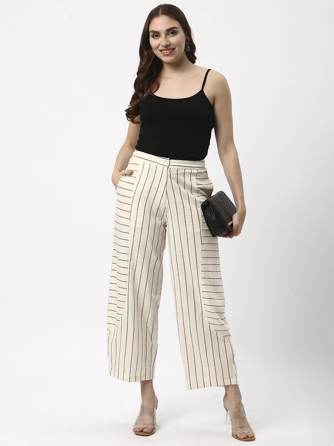 Women Cotton Wide Leg Elasticated Waist Striped Trousers