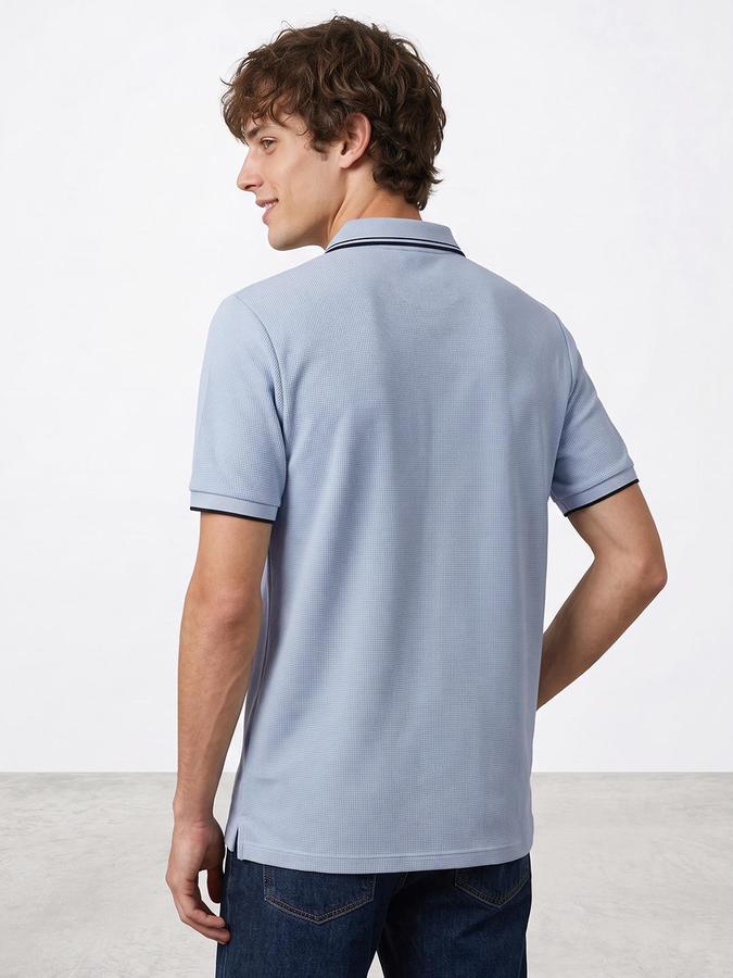 R&B Men Sky Blue Textured Short Sleeves Polo Collar T-Shirt