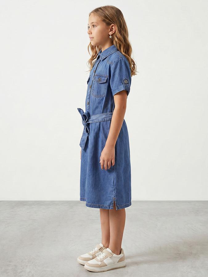 R&B Girl Blue Regular Fit Solid Short Sleeves Denim Shirt Dress