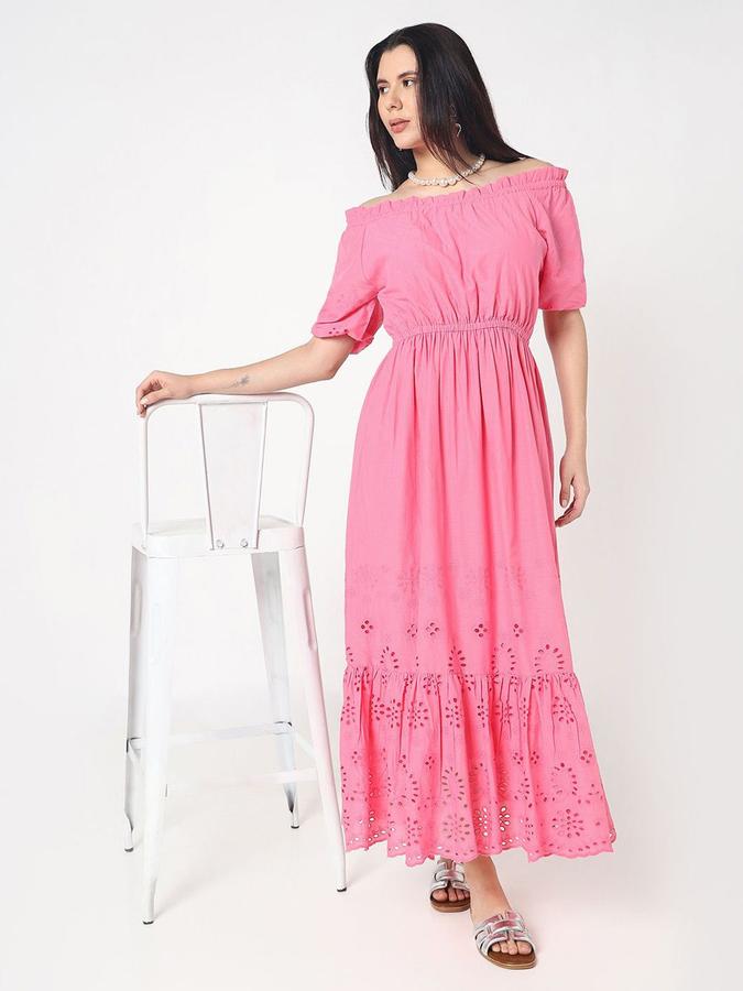 R&B Women Pink Self Design Half Sleeves Off-Shoulder Maxi Fit &amp; Flare Dress