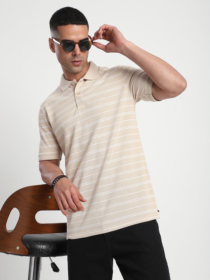 Men Cotton Blend Regular Fit Polo Neck Striped T-shirt