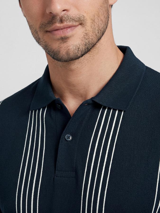 R&B Navy Blue Striped Men Polo Collar Regular Fit Short Sleeves T-Shirt 