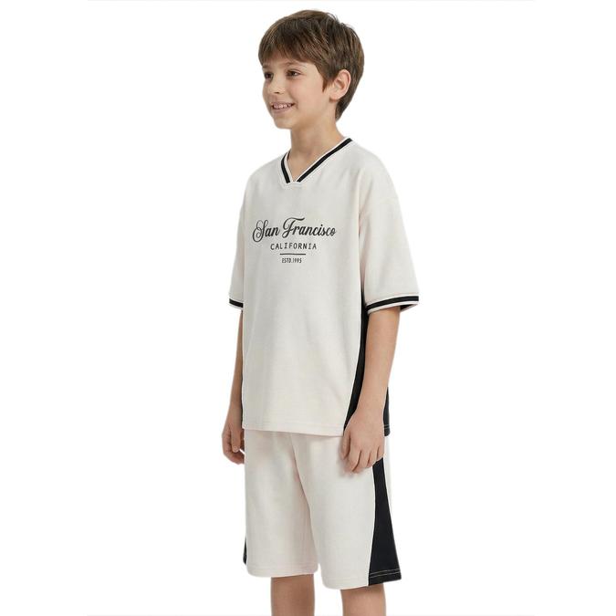 R&B Beige Short Sleeves V-Neck Printed Boys Tshirt &amp; Shorts Set