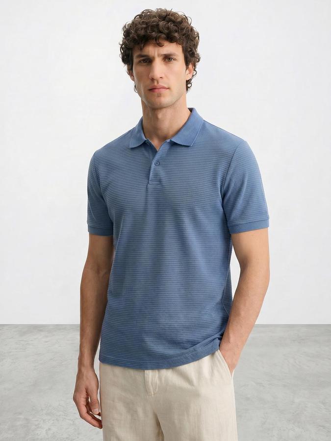 R&B Blue Men Textured Short Sleeves Tshirt