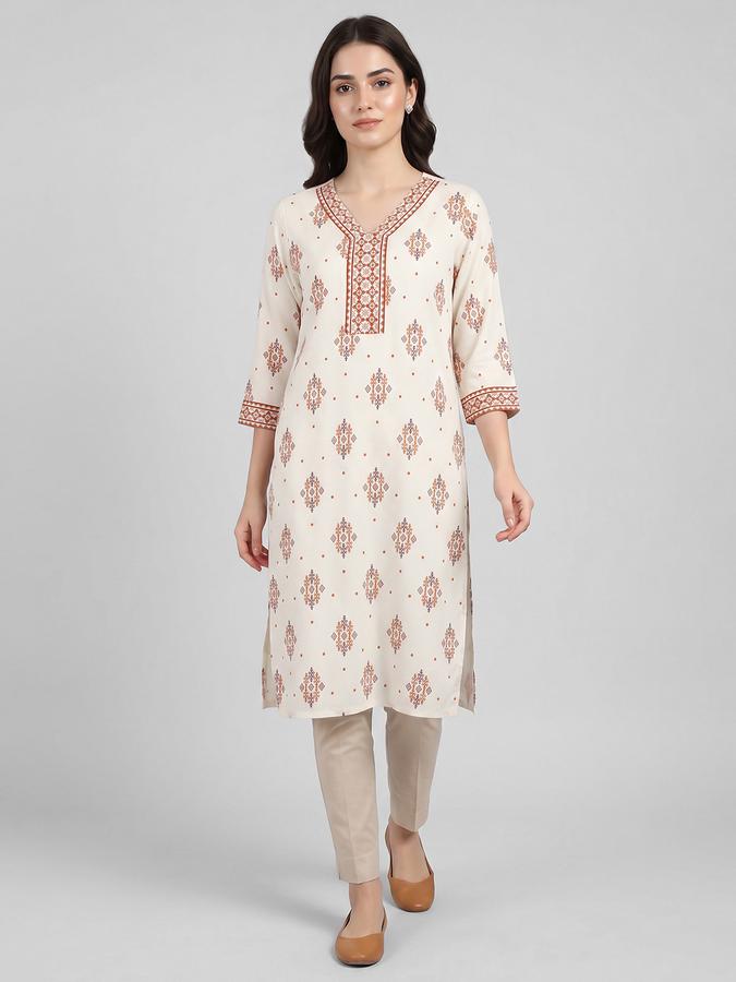 R&B Off White Printed Women Three-Quarter Sleeves V-Neck Kurta