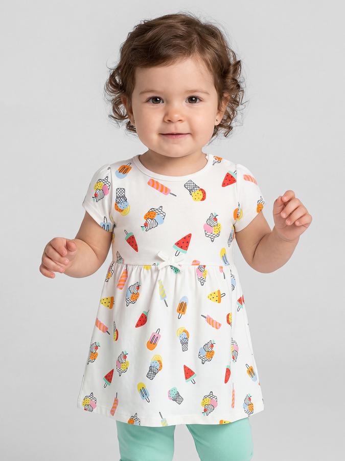 R&B White conversational Print Round Neck Short Sleeves Fit and Flare Mini Girls Dress
