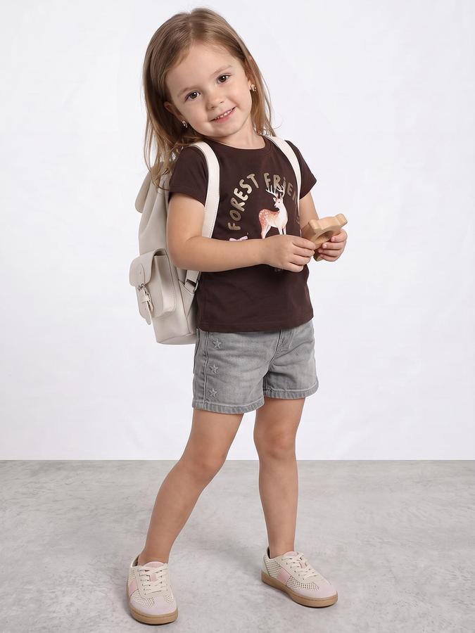R&B Girls Dark Brown Graphic Print Short Sleeves Round Neck Pure Cotton T-Shirt