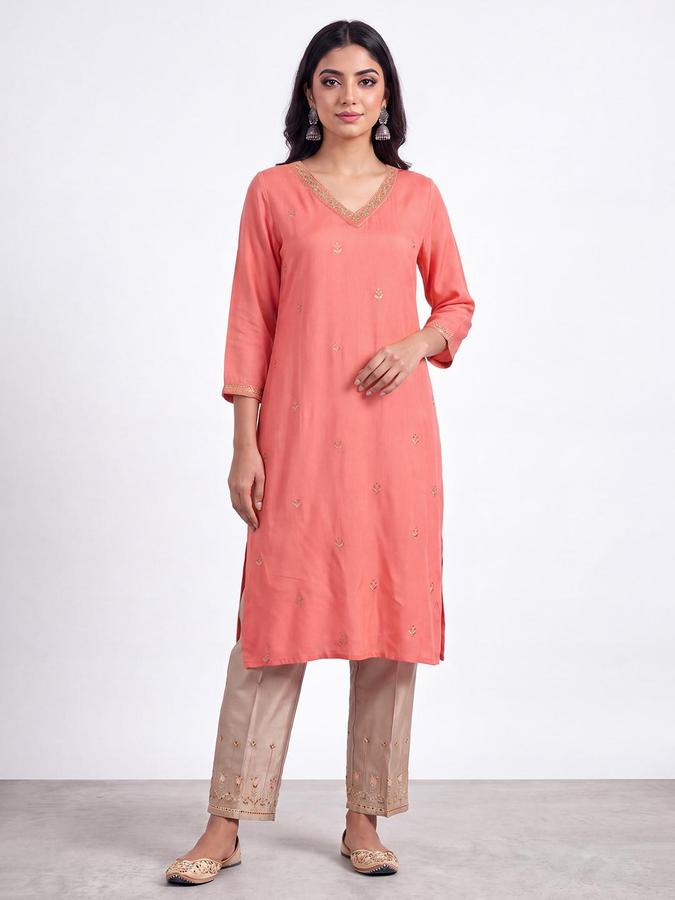 R&B Women Peach Embroidered V-Neck 3/4 Sleeve Straight Kurta