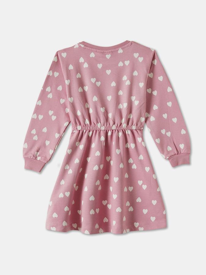 R&B Girls Pink Printed Full Sleeves Round Neck Knee Length Fit &amp; Flare Dress