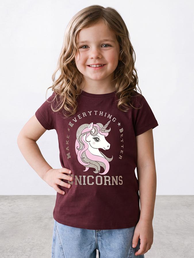 R&B Girls Red Unicorn Graphic Print Short Sleeves Tshirt