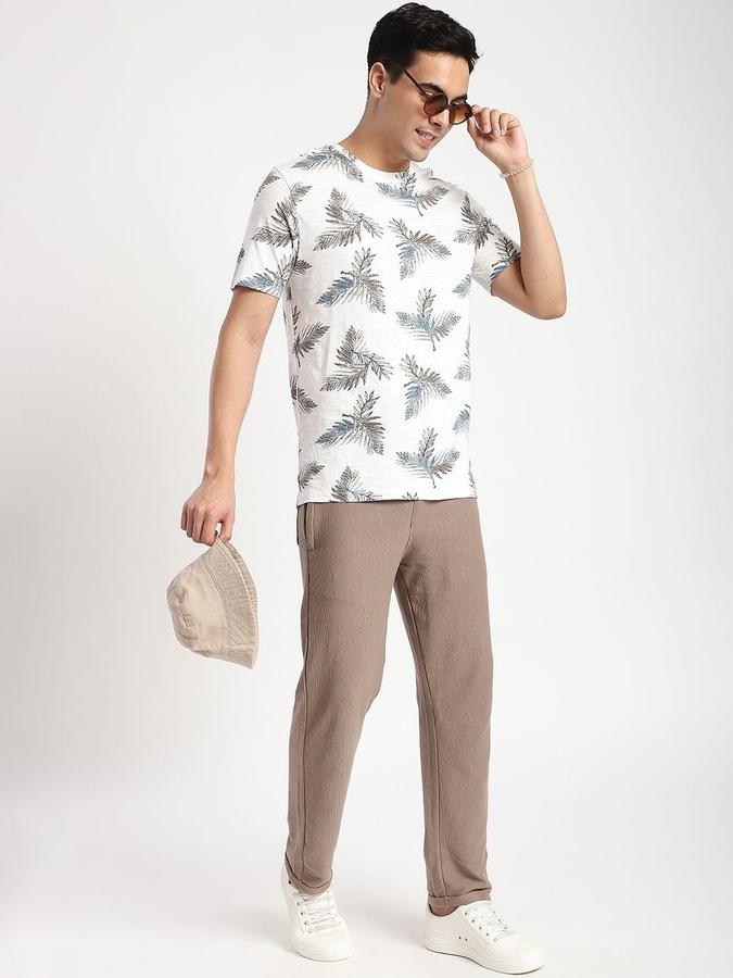 R&B Mens Ivory Floral Print Round Neck Short Sleeves T-shirt