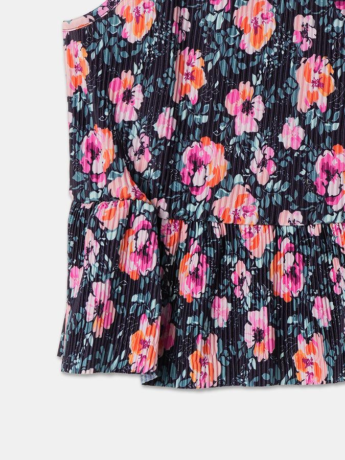 Girls Polyester Regular Fit High Neck Sleeveless Pleated Top