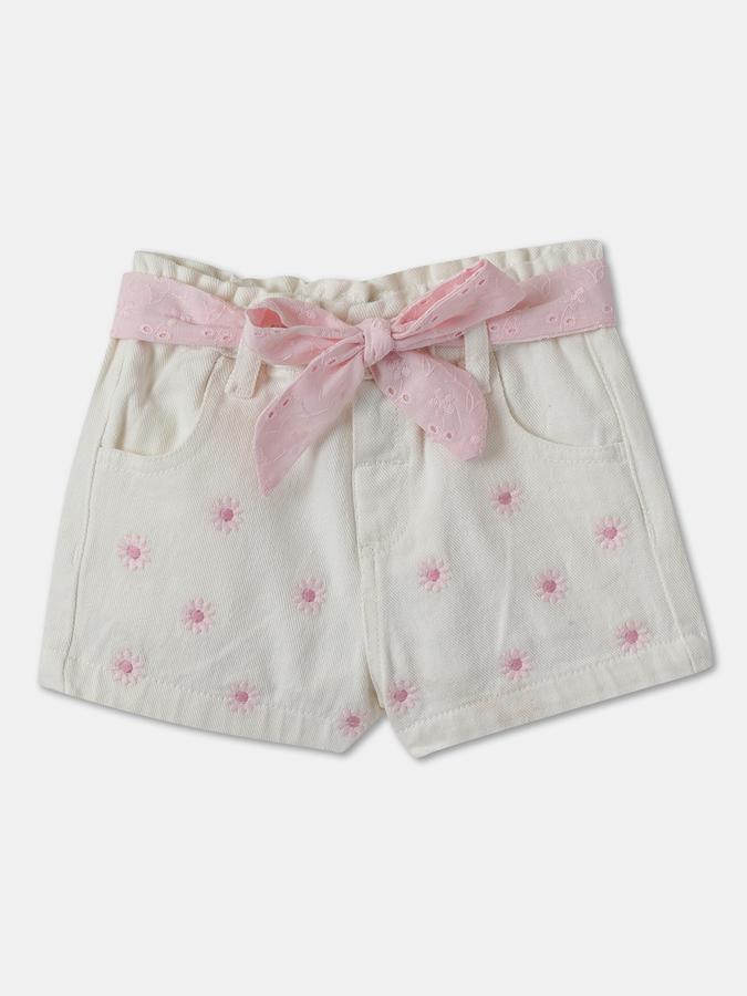 Girls Cotton Floral Embroidered Elastic Waist Clean Hem Shorts