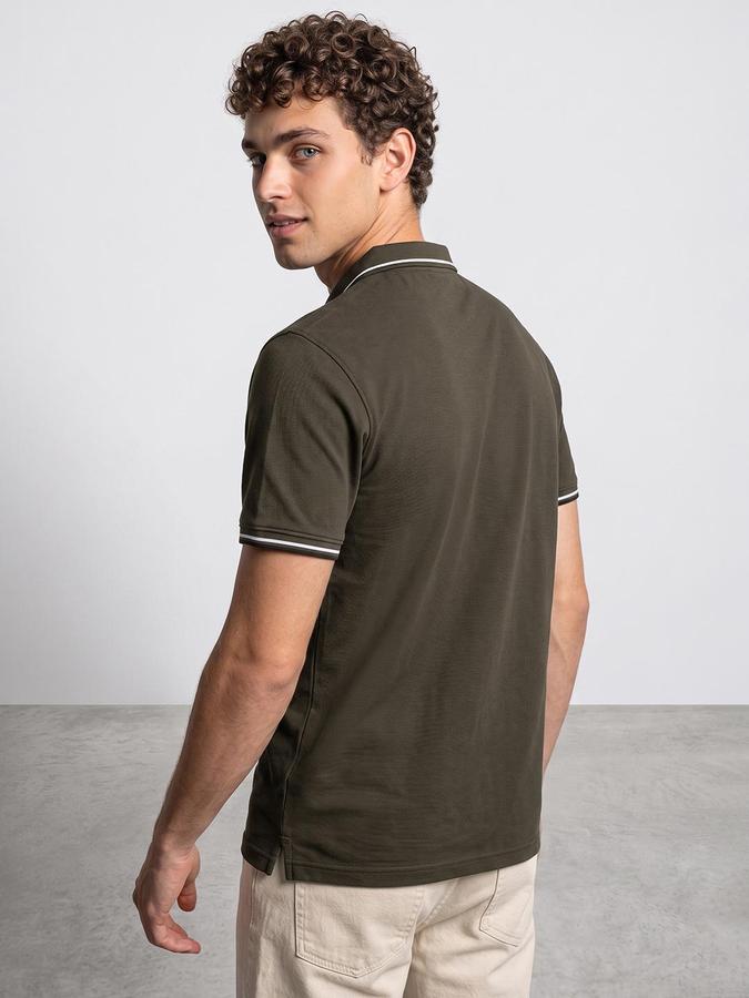 R&B Men Olive Textured Short Sleeves Polo Collar T-Shirt