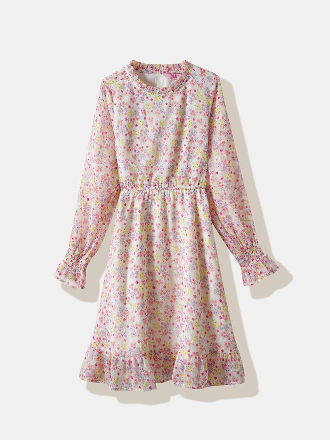 Girls Polyester Regular Fit Round Neck Ruffled Dress