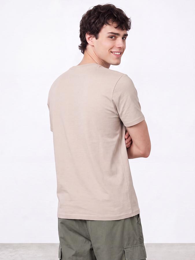 R&B Men Beige Typographic Print Short Sleeves Pure Cotton Tshirt