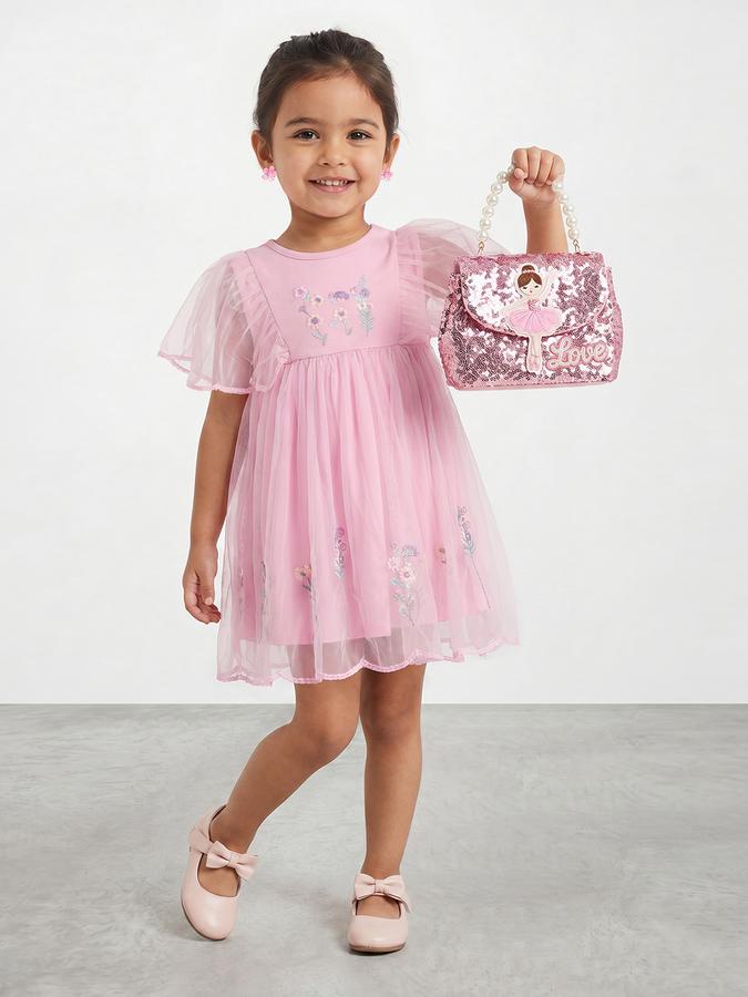 R&B Girl Pink Embroidery Floral Flutter Sleeves A-Line Dress