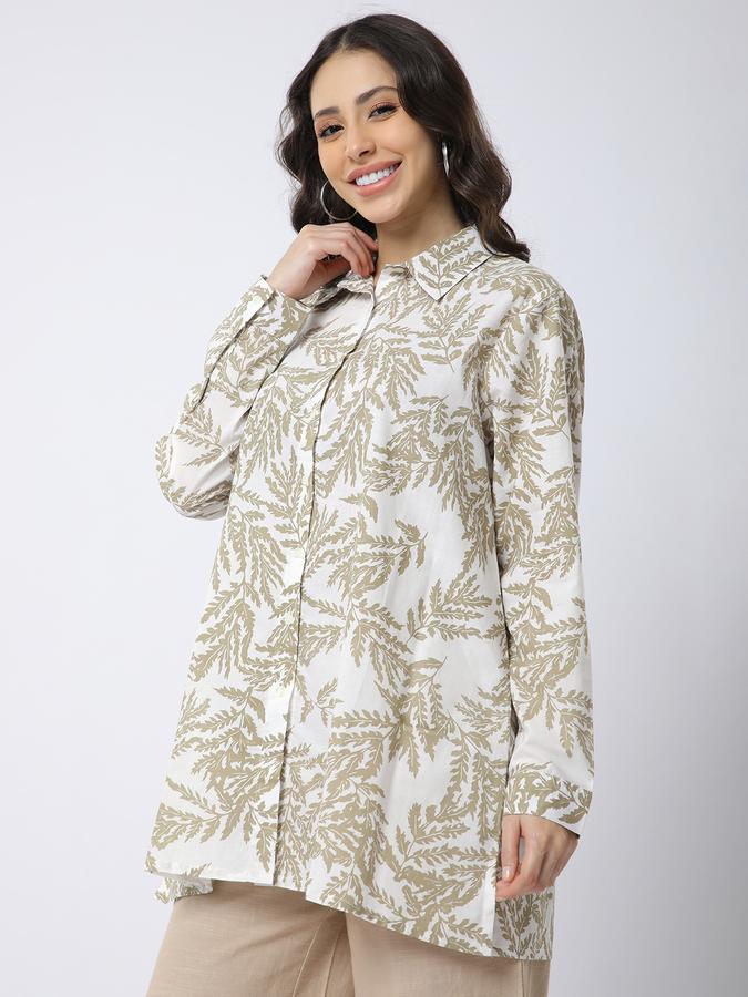 R&B Women Grey Leaf Print Oversized Shirt