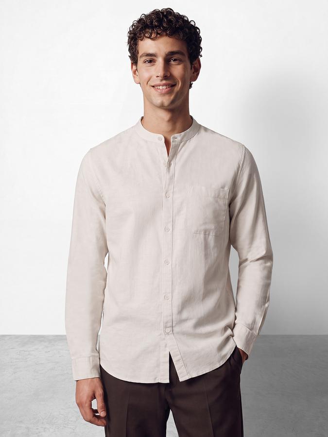 R&B Men's Cream Long Sleeves Slub Mandarin Collar Shirt