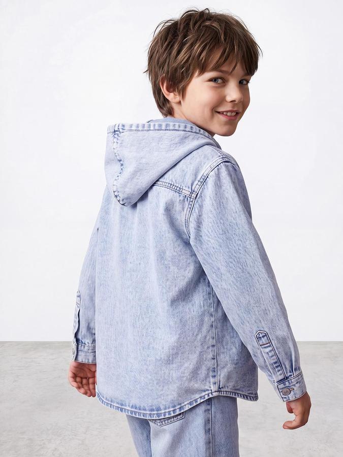 R&B Boys Light Blue Solid Hooded Long Sleeves Denim Shirt